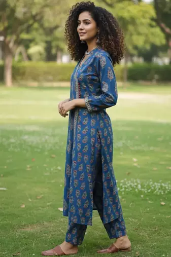 Women ethnic motifs printed angrakha pure cotton kurta with trousers