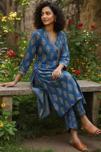 Women ethnic motifs printed angrakha pure cotton kurta with trousers