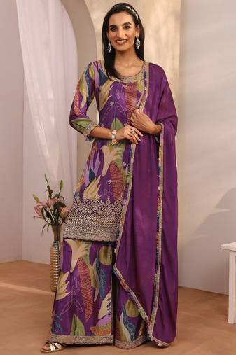 Women ethnic motifs printed regular thread work kurta with sharara & with dupatta