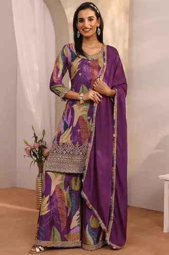 Women ethnic motifs printed regular thread work kurta with sharara & with dupatta