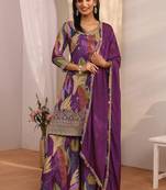 Women ethnic motifs printed regular thread work kurta with sharara & with dupatta