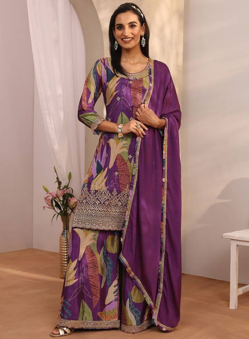 Women ethnic motifs printed regular thread work kurta with sharara & with dupatta
