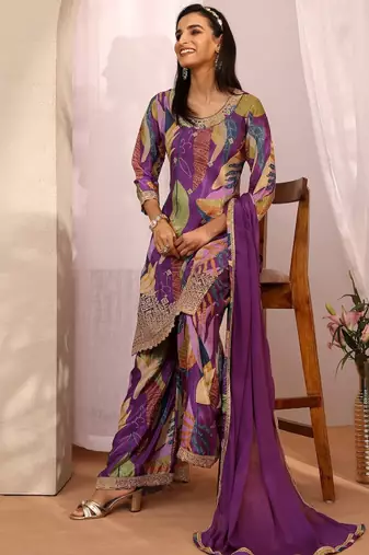 Women ethnic motifs printed regular thread work kurta with sharara & with dupatta