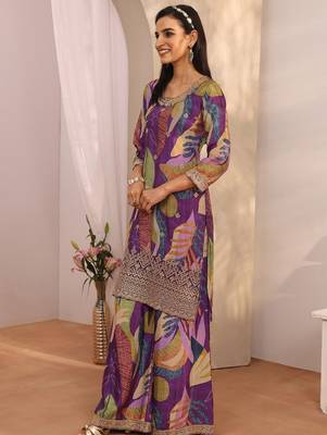 Women ethnic motifs printed regular thread work kurta with sharara & with dupatta 4