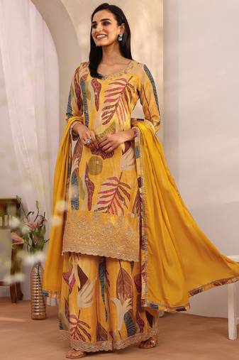 Women ethnic motifs printed regular thread work kurta with palazzos & with dupatta