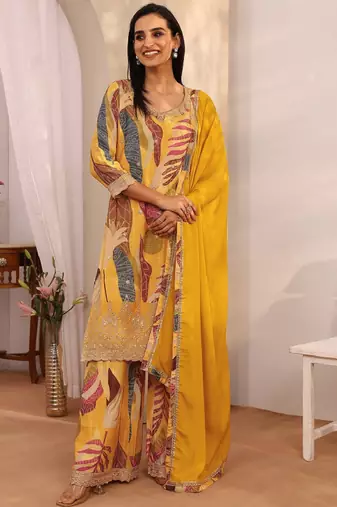 Women ethnic motifs printed regular thread work kurta with palazzos & with dupatta