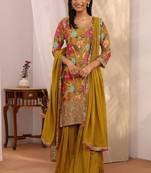 Women floral printed regular thread work kurta with sharara & with dupatta