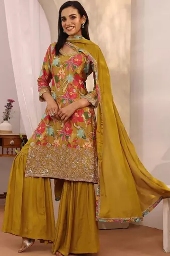 Women floral printed regular thread work kurta with sharara & with dupatta