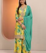 Women floral printed regular thread work kurta with palazzos & with dupatta