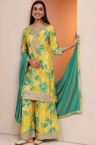 Women floral printed regular thread work kurta with palazzos & with dupatta