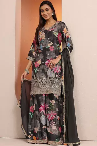 Women floral printed regular gotta patti kurta with sharara & with dupatta