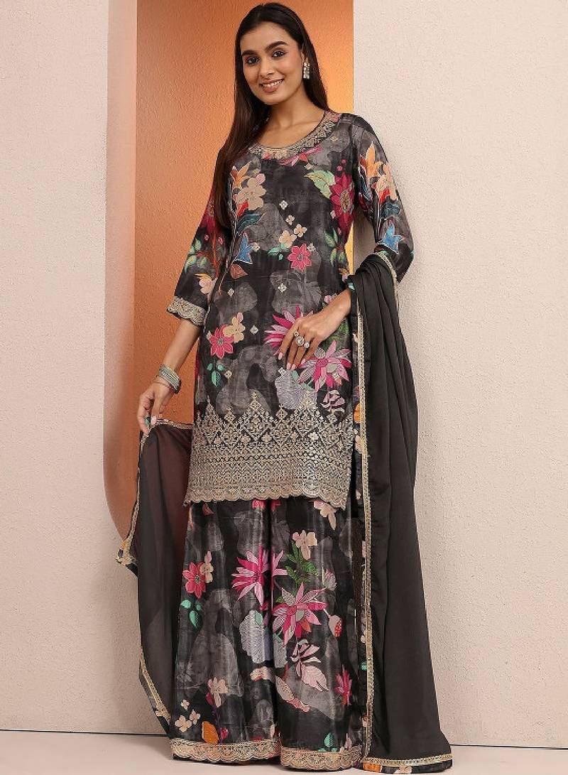 Women floral printed regular gotta patti kurta with sharara & with dupatta