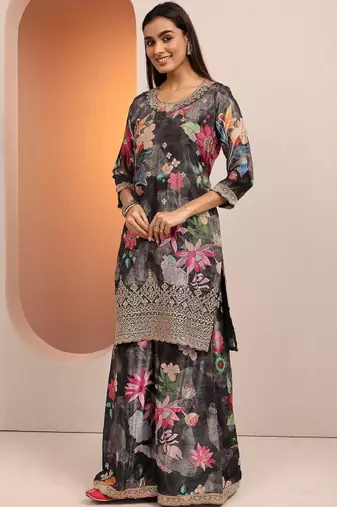 Women floral printed regular gotta patti kurta with sharara & with dupatta