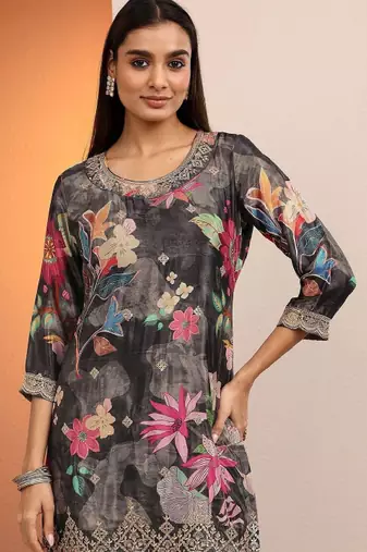 Women floral printed regular gotta patti kurta with sharara & with dupatta