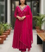 Women ethnic motifs printed panelled thread work kurta with trousers & with dupatta