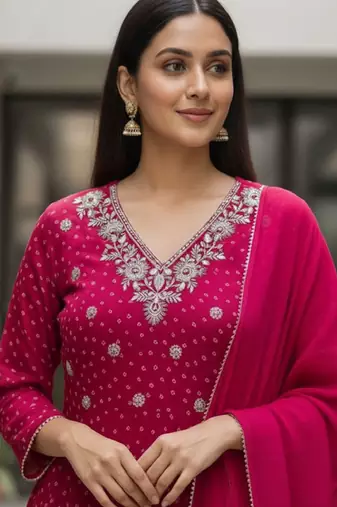 Women ethnic motifs printed panelled thread work kurta with trousers & with dupatta