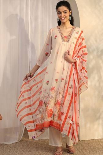 Women floral printed regular thread work kurta with trousers & with dupatta