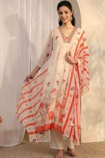 Women floral printed regular thread work kurta with trousers & with dupatta