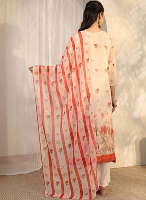 Women floral printed regular thread work kurta with trousers & with dupatta 3