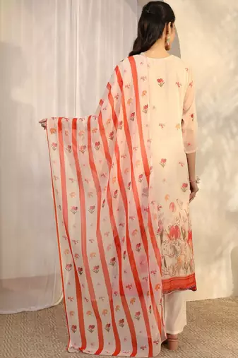 Women floral printed regular thread work kurta with trousers & with dupatta