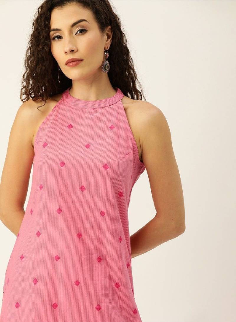 Women woven legacy striped pure cotton halter neck kurta