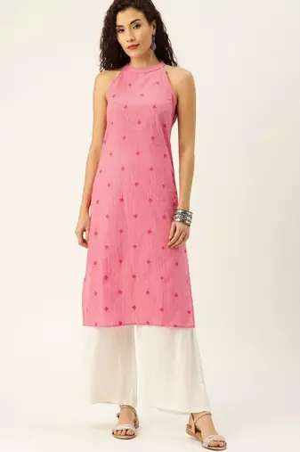 Women woven legacy striped pure cotton halter neck kurta