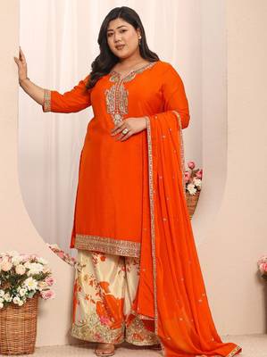 Libas orange embroidered chinon straight suit set with dupatta 1