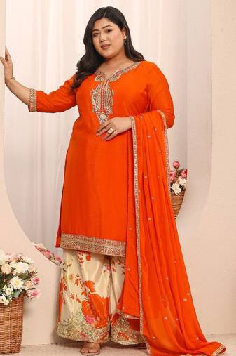 Libas orange embroidered chinon straight suit set with dupatta
