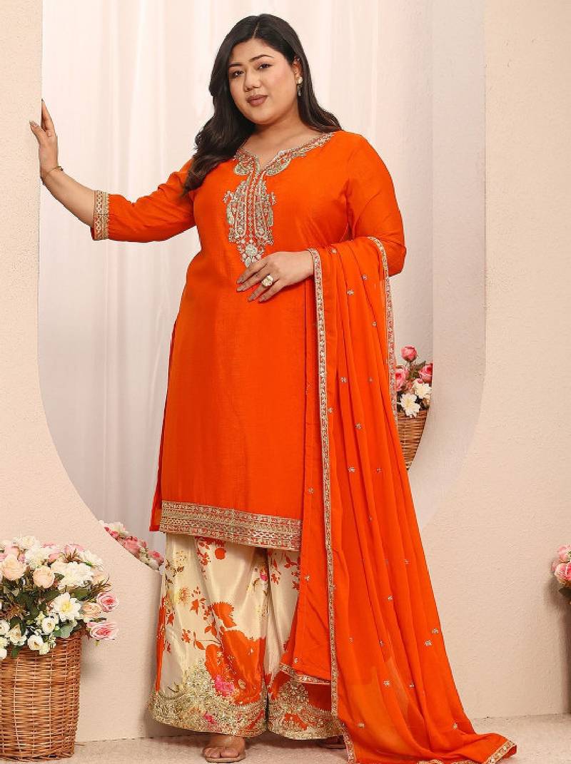 Libas orange embroidered chinon straight suit set with dupatta