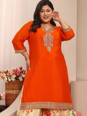 Libas orange embroidered chinon straight suit set with dupatta 2