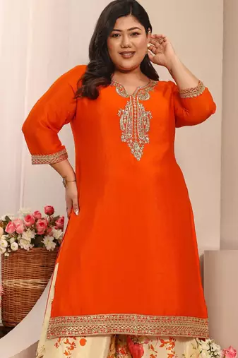 Libas orange embroidered chinon straight suit set with dupatta