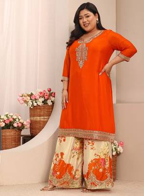 Libas orange embroidered chinon straight suit set with dupatta 3