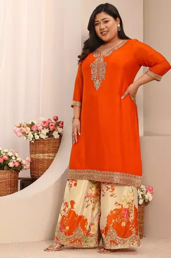 Libas orange embroidered chinon straight suit set with dupatta