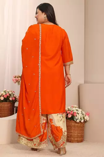 Libas orange embroidered chinon straight suit set with dupatta