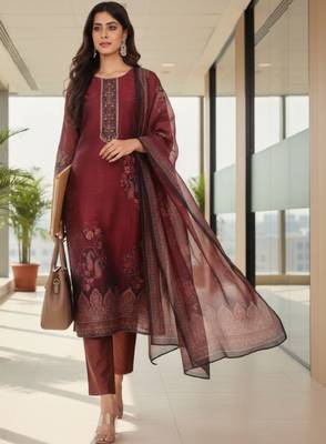 Women ethnic motifs printed regular thread work chanderi silk kurta with trousers & with dupatta 1