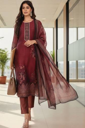 Women ethnic motifs printed regular thread work chanderi silk kurta with trousers & with dupatta