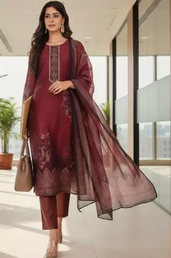Women ethnic motifs printed regular thread work chanderi silk kurta with trousers & with dupatta