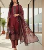 Women ethnic motifs printed regular thread work chanderi silk kurta with trousers & with dupatta