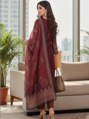 Women ethnic motifs printed regular thread work chanderi silk kurta with trousers & with dupatta 2