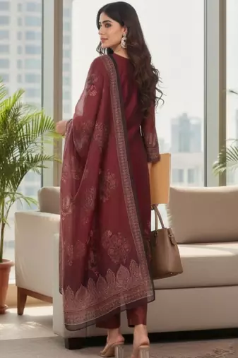 Women ethnic motifs printed regular thread work chanderi silk kurta with trousers & with dupatta