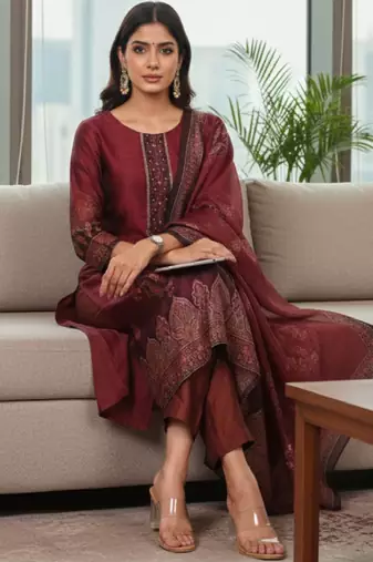 Women ethnic motifs printed regular thread work chanderi silk kurta with trousers & with dupatta