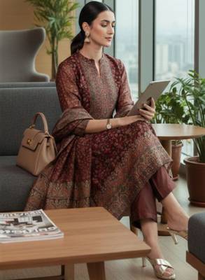 Women ethnic motifs printed regular chanderi silk kurta with trousers & with dupatta 1