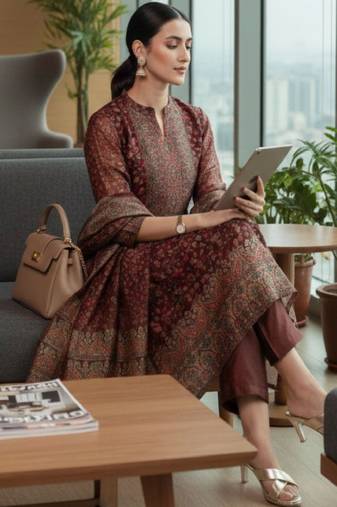 Women ethnic motifs printed regular chanderi silk kurta with trousers & with dupatta