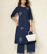 Women ethnic motifs embroidered regular thread work pure cotton kurta with palazzos