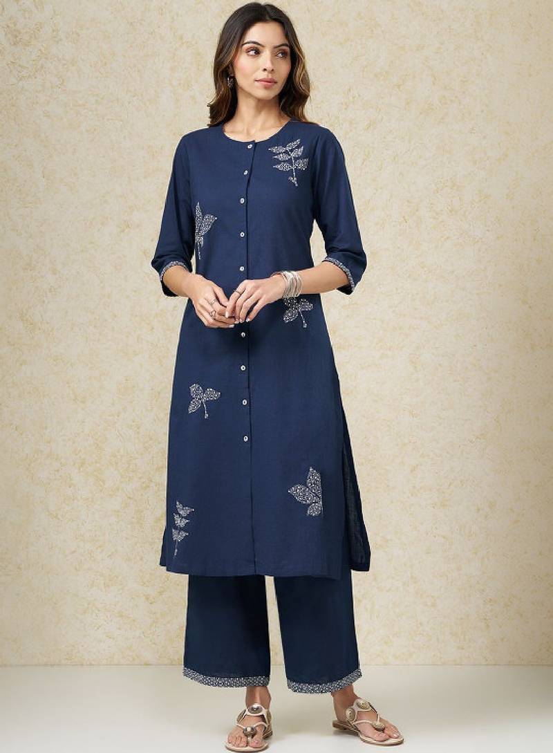 Women ethnic motifs embroidered regular thread work pure cotton kurta with palazzos