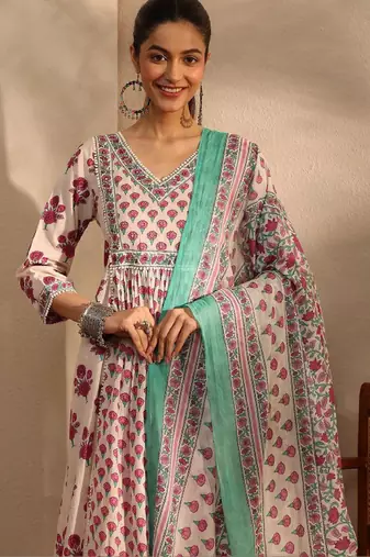 Women ethnic motifs printed panelled kurta with trousers & with dupatta