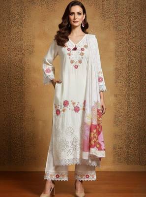 Women floral embroidered regular thread work pure cotton kurta with palazzos & with dupatta 1
