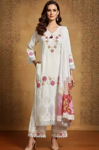 Women floral embroidered regular thread work pure cotton kurta with palazzos & with dupatta