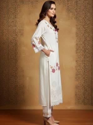 Women floral embroidered regular thread work pure cotton kurta with palazzos & with dupatta 2