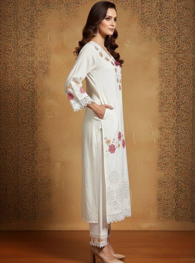 Women floral embroidered regular thread work pure cotton kurta with palazzos & with dupatta